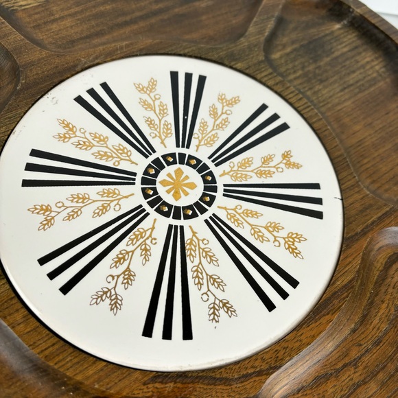 Lazy Susan Walnut Wood Gold Wheat Tile 14” Tabletop Turntable MCM Serving Tray - Picture 2 of 16